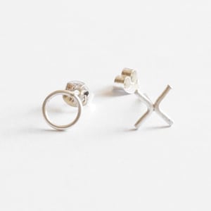 14K X and O stud earrings Small sterling silver Simple Modern Minimal Earrings  plain round silver studs earrings Hugs and Kisses  0251