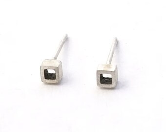 3.5mm Sterling Silver Open Square Studs, square stud earrings, Modern Square Stud Earrings, 3d jewelry 0160