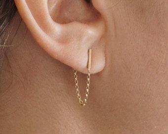 Bar Chain Stud Earrings chain hoop tiny earrings staple Silver Bar Studs 925 Silver Line Studs minimalist Stud gold fill 0284