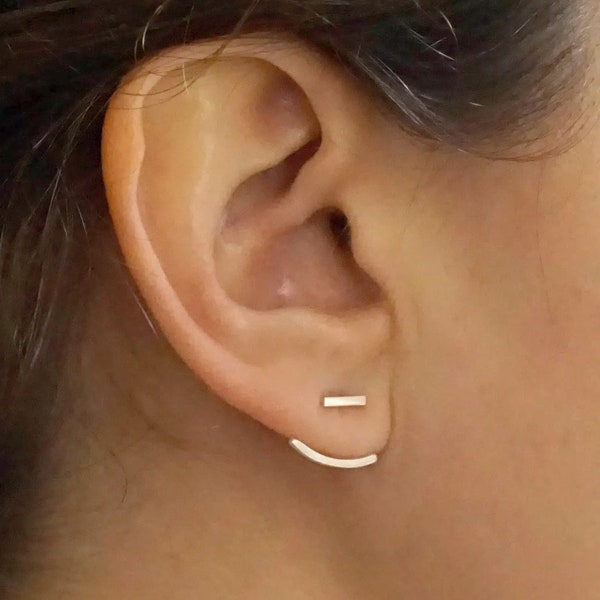 Bar Jacket Ear Lobe Hugger Earring Sterling Silver Oxidize 14k Gold minimal geometric Line Bar stud Ear jacket square round stud simple 0296
