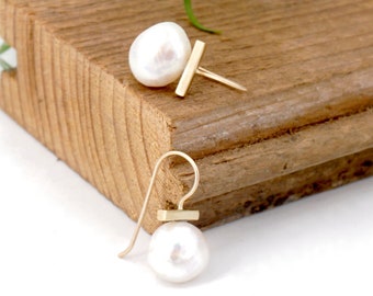 White Nugget Freshwater Pearl Dangle Drop Earrings with Thick bar Bar White French Hook Drop Earrings AAA Pearl Earring 0325