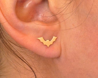 Bat Stud Earrings Halloween Holiday jewelry magic spooky trick or treat brass silver gold 7mm cut out design simple everyday H002