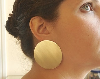 Extra Large Flat Circle Stud Earrings Solid Sterling Silver Pair stud earrings Gold Colored Brass Statement earring Dangle stud earring 0256