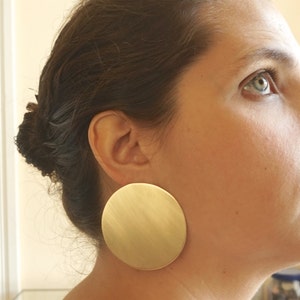 Extra Large 2.25" Circle Stud Earrings in Brass on the ear 0256 on the ear minimal geometric statement jewelry Virginia Wynne Designs VWD