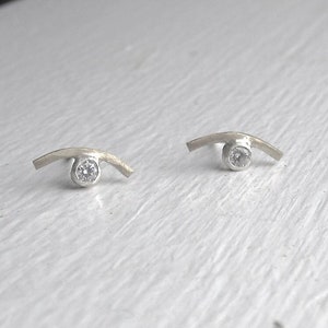 Curved Stud Earrings with Stone Sterling Silver CZ cubic zirconia Topaz Spinel everyday earring Minimal 0161