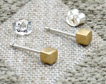 Mini Cube Stud Earrings Solid 925 sterling silver brass 14k Gold geometric minimalist everyday jewelry earrings 0012