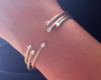 Set of Three Gold Colored Brass Cuff Bracelets with Two sterling silver tube Set White CZ/'s 0031