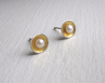 Dome Pearl Stud Earrings - Handmade Modern Silver Jewelry with AAA White Pearls - Chic and Elegant Women's Fashion Accessory 0110