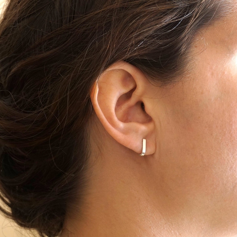 Ear Lobe rectangular J hook earrings in solid .925 sterling silver on the ear 0278 Virginia Wynne Designs VWD