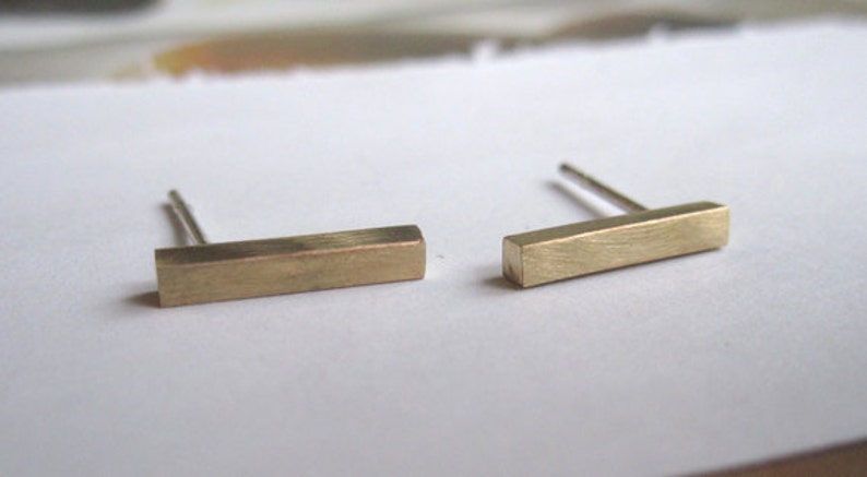 Simple 11mm Tiny Gold Colored Brass or Sterling silver square Bar Stud Earrings with SterlingSilver Ear Wire and Sterling Silver Earnut 0011 image 3