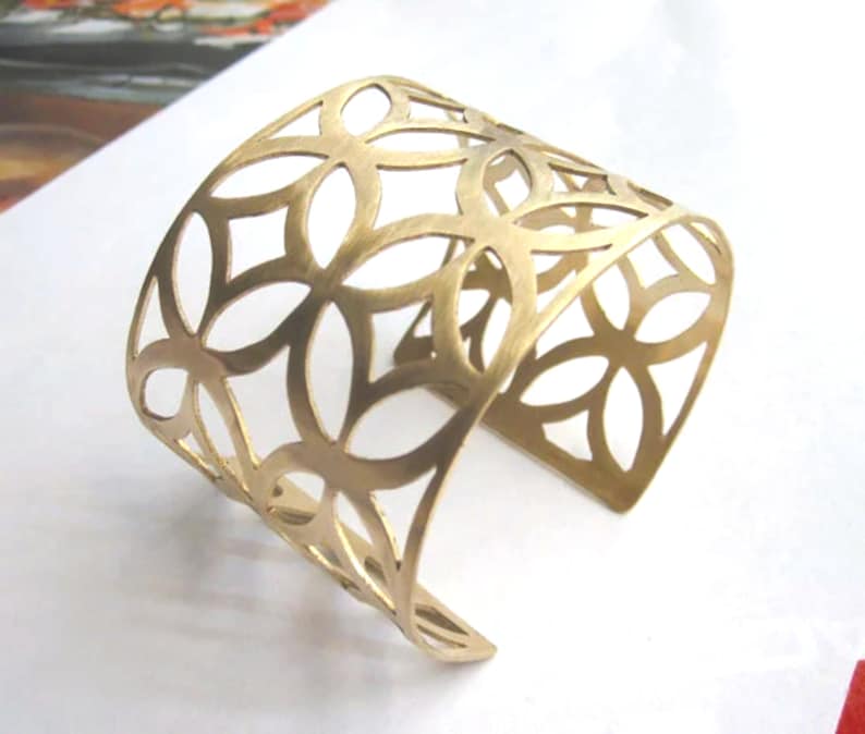 Geometric Brass Cuff | Wide Adjustable Gold Bracelet | Handmade Gift for Her | 0093 image 1