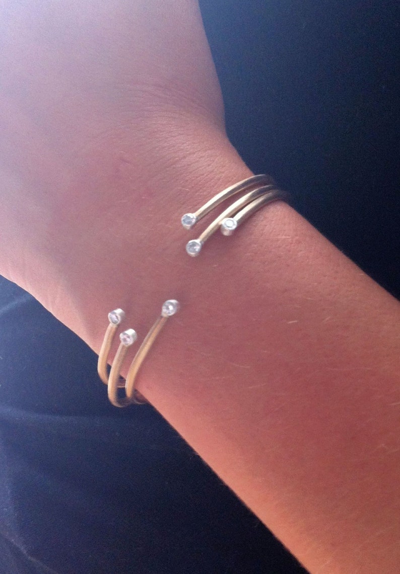 Set of Three Gold Colored Brass Cuff Bracelets with Two sterling silver tube Set White CZ/'s 0031