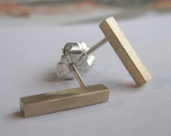 Simple 11mm Tiny Gold Colored Brass or Sterling silver square Bar Stud Earrings with SterlingSilver Ear Wire and Sterling Silver Earnut 0011