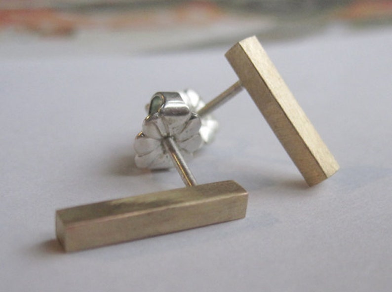 Simple 11mm Tiny Gold Colored Brass or Sterling silver square Bar Stud Earrings with SterlingSilver Ear Wire and Sterling Silver Earnut 0011 image 1