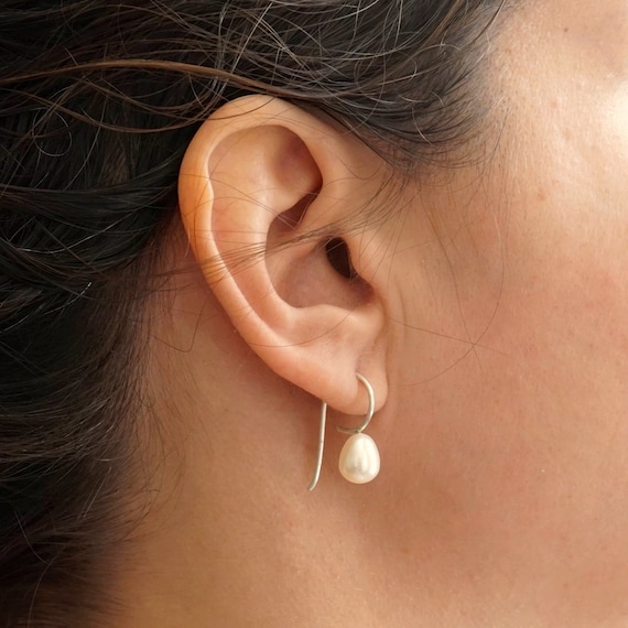 White Drop Freshwater Pearl Dangle Earrings French Hook Drop Earrings AAA  Pearl Earring curved hook earrings white 0280