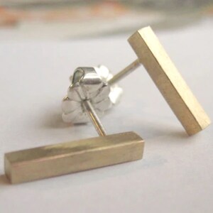 Simple 11mm Tiny Gold Colored Brass or Sterling silver square Bar Stud Earrings with SterlingSilver Ear Wire and Sterling Silver Earnut 0011