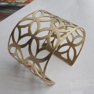 Geometric pierced adjustable Gold colored brass decorative pattern cut out cuff bracelet 0093