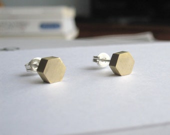 Solid Brass Hexagon Studs with Sterling Silver Ear Wire and Sterling Silver Ear nut Geometric Jewelry simple stud earring 0032