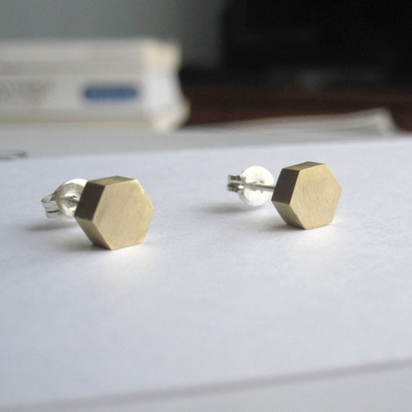 Solid Brass Hexagon Studs with Sterling Silver Ear Wire and Sterling Silver Ear nut Geometric Jewelry simple stud earring 0032