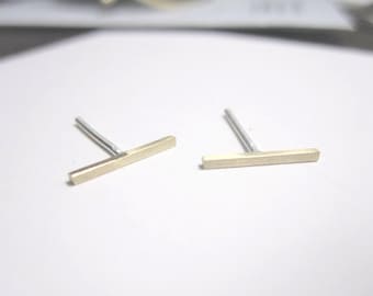 Minimalist Brass Bar Earrings | Solid Sterling Silver Posts | Everyday Modern Jewelry 0322