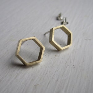 Hexagon Stud Earrings | Gold Colored Brass Hexagon Jewelry | Geometric Style | Handmade Minimalist Earring | Ideal Gift for Her | 0114