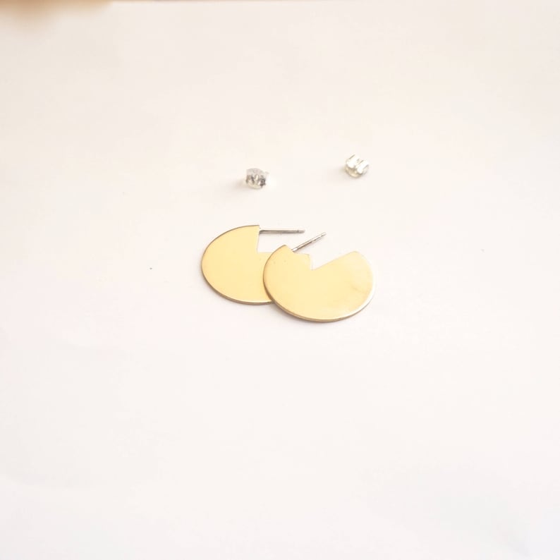 Brass large circle stud earrings off the ear 0286 Virginia Wynne Designs VWD