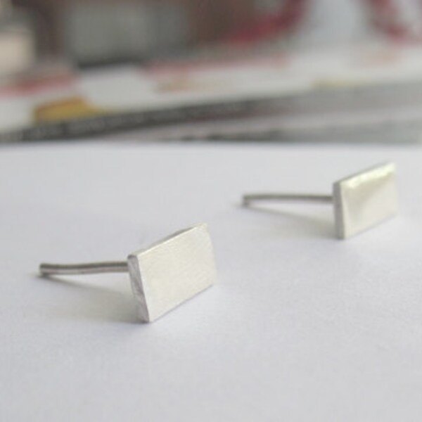 Rectangle Silver Studs Short Flat Teeny tiny skinny sterling silver thin rectangle bar stud earrings polished minimal jewelry geometric 0103