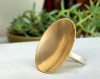 Gold Tone Brass Dome Ring, Large Gold Colored Brass dome, Half Round Sterling Silver Band 0088