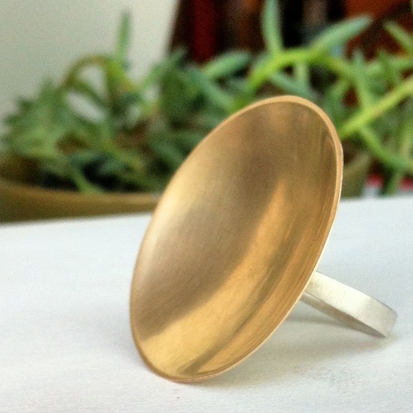 Gold Tone Brass Dome Ring, Large Gold Colored Brass dome, Half Round Sterling Silver Band 0088