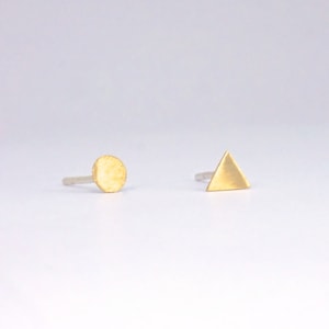 Minimalist Mismatched 4mm Circle and 4mm Triangle Sterling Silver Studs, Brass studs, 14k yellow gold studs 0149