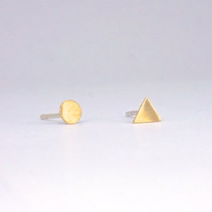 Minimalist Mismatched 4mm Circle and 4mm Triangle Sterling Silver Studs, Brass studs, 14k yellow gold studs 0149