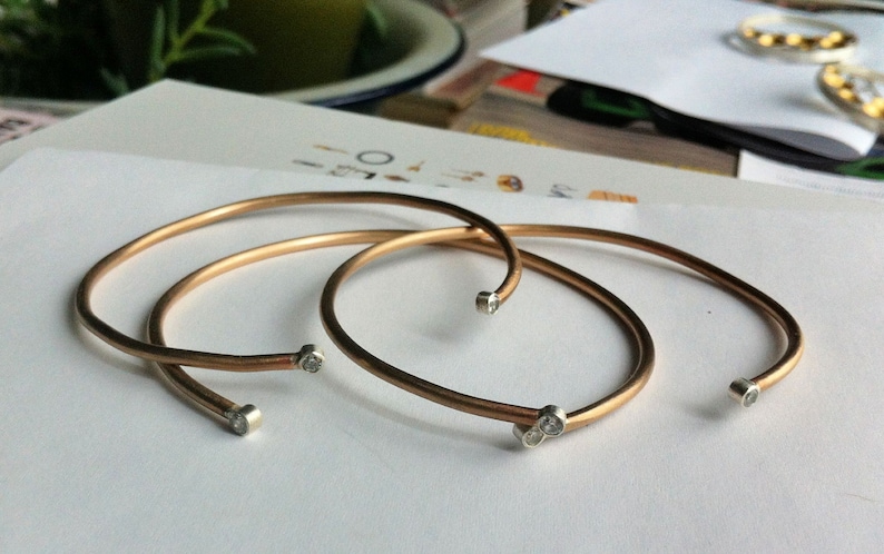 Set of Three Gold Colored Brass Cuff Bracelets with Two sterling silver tube Set White CZ/'s 0031