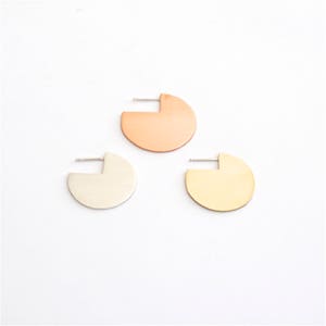 Large circle stud earrings in solid sterling silver (left), Copper (center), and brass (right) 0286