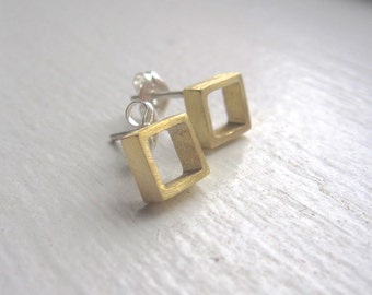 Open Gold Colored Brass Cube Earrings, Square Stud Earring with sterling silver post and ear back, Geometric Stud, earring.Minimal stud 0124