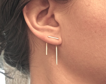 14K gold Staple line ear jacket stud set jacket pair & stud pair mix and match earring jackets double sided earring front back earring 0144