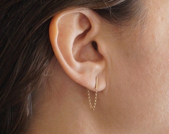 Bar Chain Stud Earrings Chain Hoop Tiny Earrings Staple Silver Bar