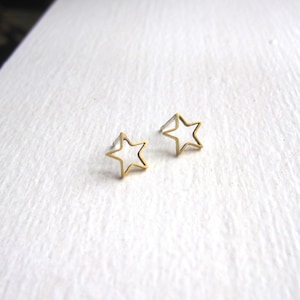 Gold Colored Brass Open Star studs with sterling silver post Geometric Brass Star Stud Earrings outline charm tiny star shape 0187