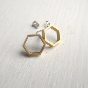 Hexagon Stud Earrings | Gold Colored Brass Hexagon Jewelry | Geometric Style | Handmade Minimalist Earring | Ideal Gift for Her | 0114