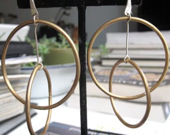 Solid Gold Colored Brass Hoop Circles Double brass circles and sterling silver hammered post earrings 0084