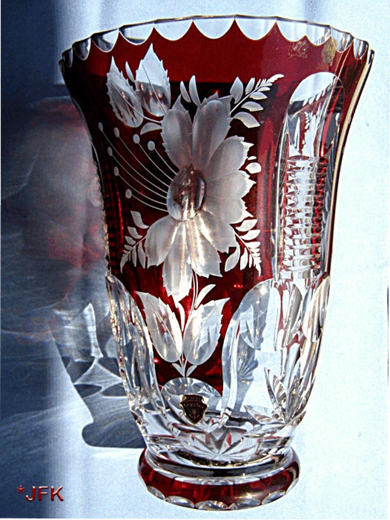 Cut Crystal Glass Vase Bohemian Free Blown Ruby Overlay Etsy
