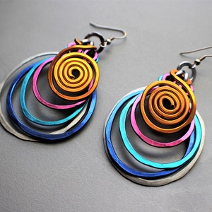 Large Bold Multi Ring Hammered Rainbow Wire Aluminum Galaxy Earrings