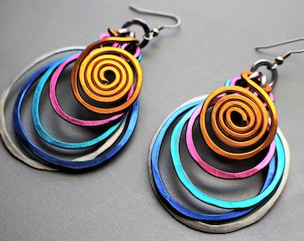 Large Bold Multi Ring Hammered Rainbow Wire Aluminum Galaxy Earrings