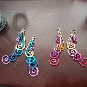 Long Outrageous Peacock Hammered Aluminum Wire Earrings Warm Pink Red Gold or Cool Green Blue Purple