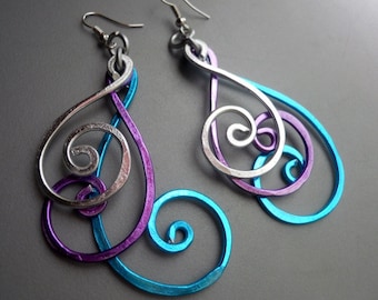 Hammered Peacock BOLD Long Swirly Spiral Feather Aluminum Earrings, Blue Purple Silver