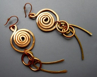Hammered Bold TRIBAL Gold Tone Aluminum Goddess Fusion Ring Spiral Long Tassel Earrings