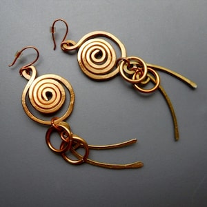 Hammered Bold TRIBAL Gold Tone Aluminum Goddess Fusion Ring Spiral Long Tassel Earrings