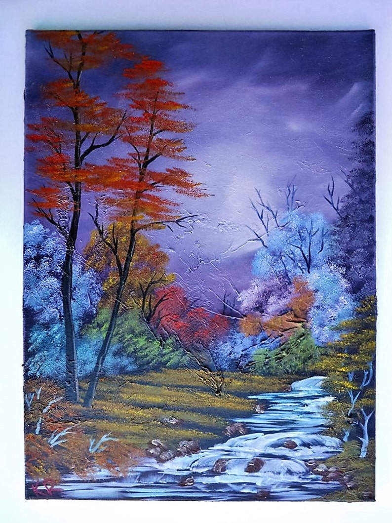 Bob Ross Style Oil Painting Purple Haze Colorful Trees 18