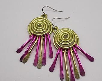Heavenly Lime Green Hot Pink Fuchsia Spiral Tassel Wind Chime Earrings