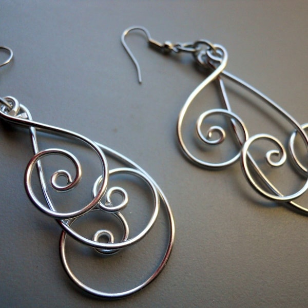 Silver Tone Anodized Aluminum or Solid Copper Wire Spiral Peacock Abstract Feathers Swirl Earrings BOLD