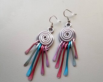 Anodized Aluminum Silver Purple Pink Aqua Blue Green Swirl Peacock Wind Chime Tassel Goddess Earrings BOLD